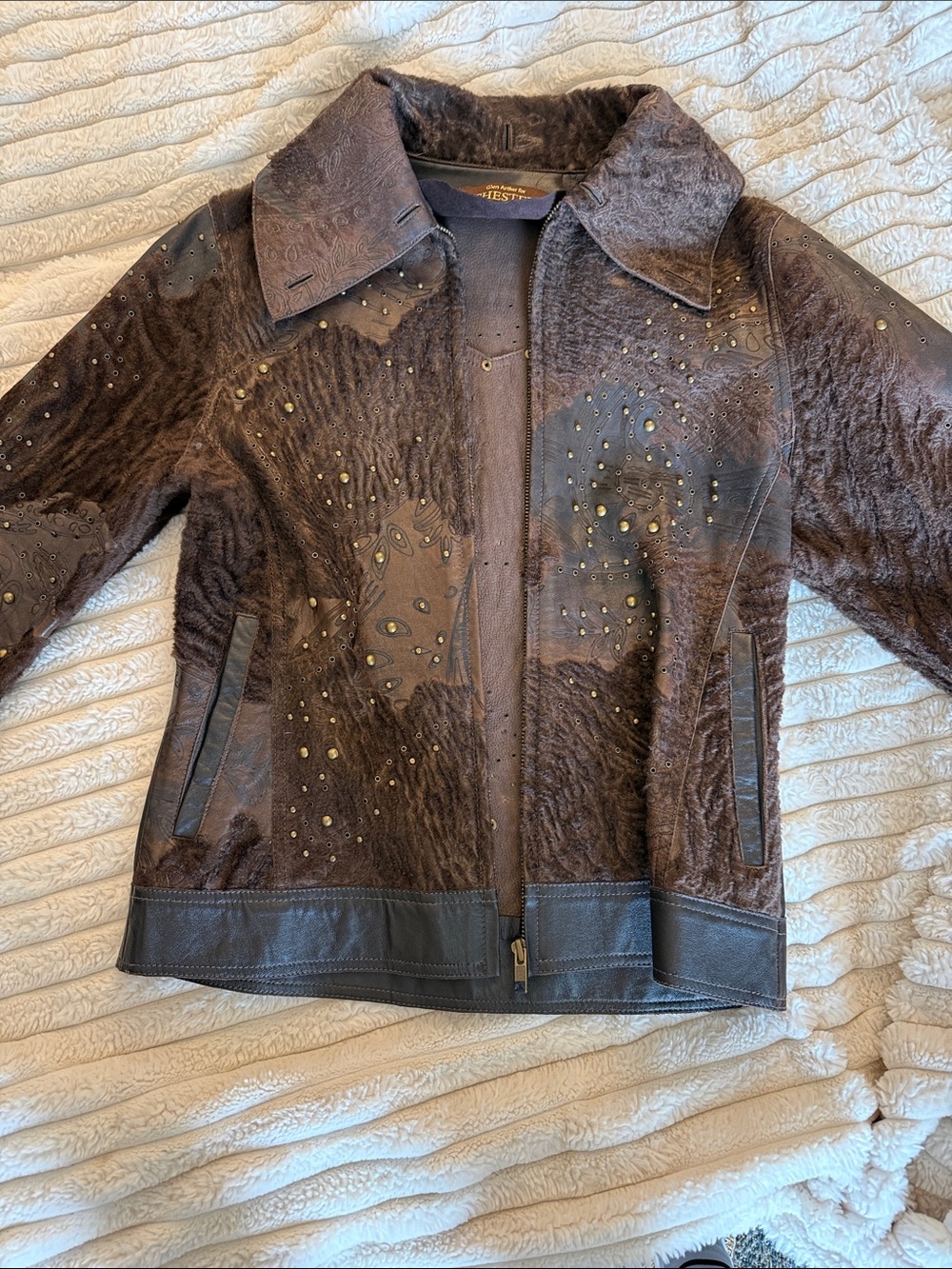 Women's Brown Embellished Leather-Trim Jacket